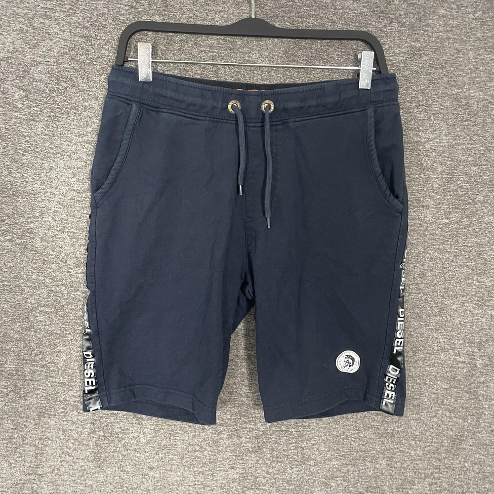 Diesel Shorts Mens 34 Blue Sweat Elastic Waist Logo Tape 9 Inseam Drawstring